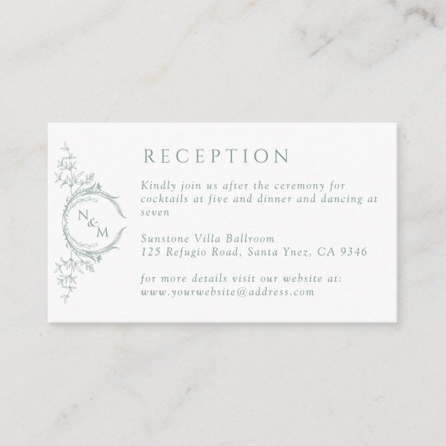 Monogram Pale Green Watercolor Wedding Reception Enclosure Card (Front)