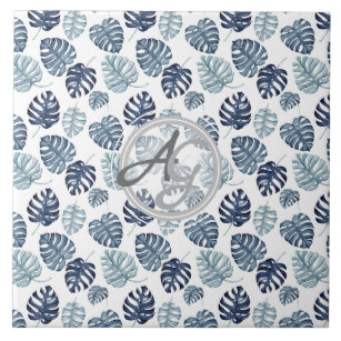 Monogram Palm Leaf Azure Navy Blue Tropical Decor Ceramic Tile