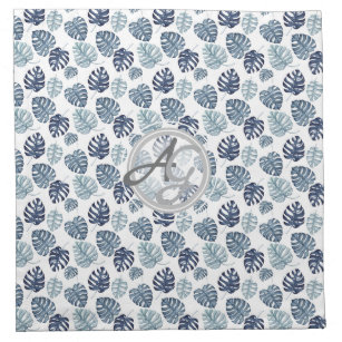 Monogram Palm Leaf Azure Navy Blue Tropical Decor Cloth Napkin