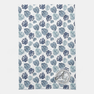 Monogram Palm Leaf Azure Navy Blue Tropical Decor Kitchen Towel