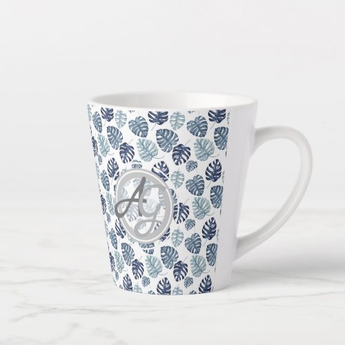 Monogram Palm Leaf Azure Navy Blue Tropical Decor Latte Mug