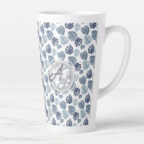 Monogram Palm Leaf Azure Navy Blue Tropical Decor Latte Mug