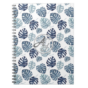 Monogram Palm Leaf Azure Navy Blue Tropical Decor Notebook