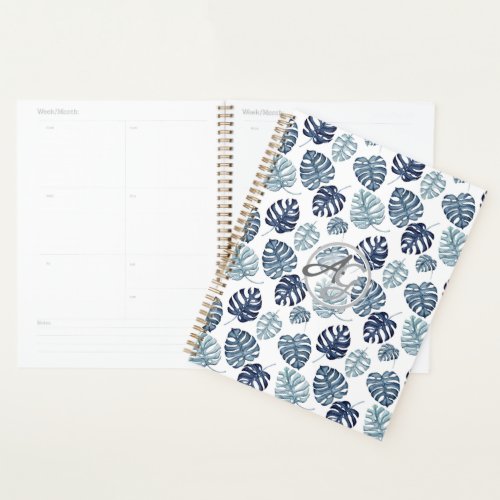 Monogram Palm Leaf Azure Navy Blue Tropical Decor Planner