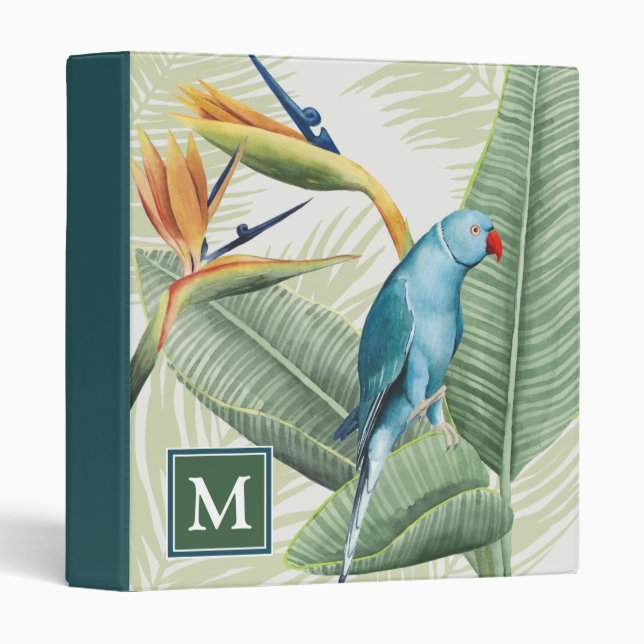 Monogram | Palm Leaves With Blue Bird 3 Ring Binder (Front/Spine)