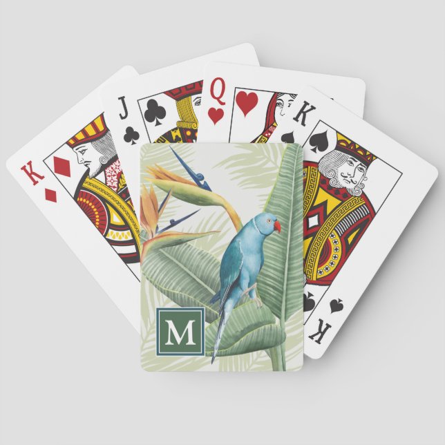 Monogram | Palm Leaves With Blue Bird Poker Cards (Back)
