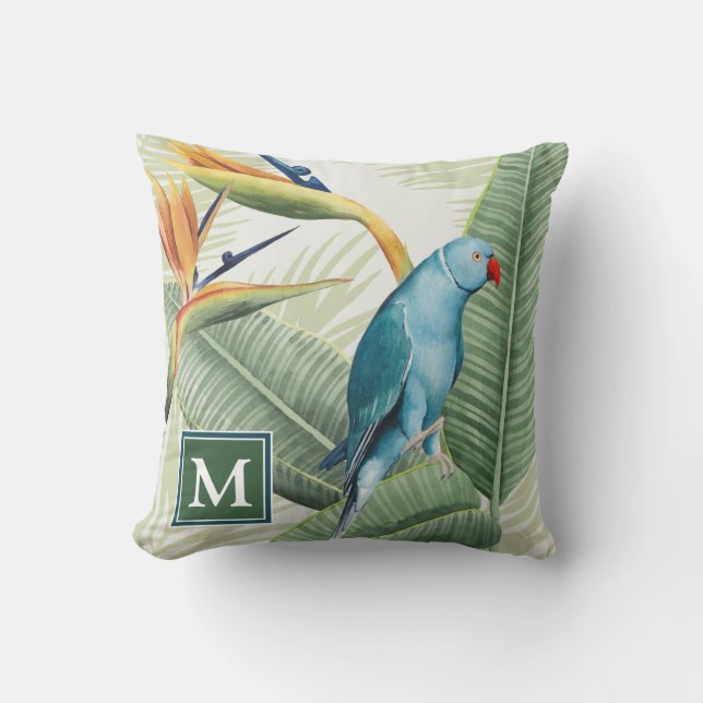 Monogram | Palm Leaves With Blue Bird Throw Pillow (Front)