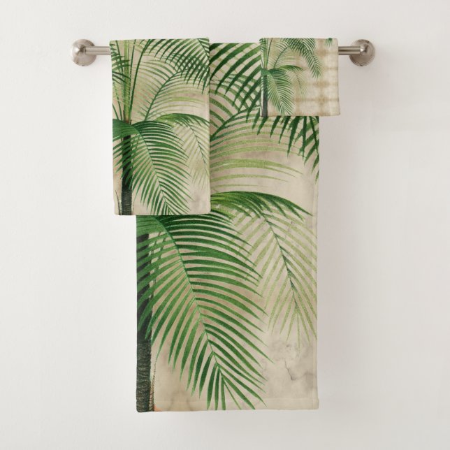 Monogram Palm Tree Vintage Tropical Elegant Bath Towel Set (Insitu)