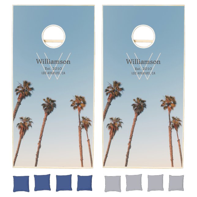 Monogram Palm Trees Blue Sky California Family Cornhole Set (Set)