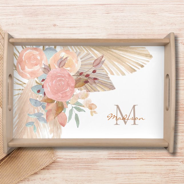 Monogram Pampas Grass Blush Pink Floral   Serving Tray (Creator Uploaded)