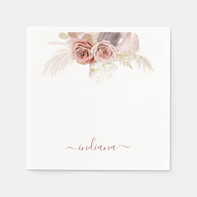 Monogram Pampas Grass Terracotta Floral Custom Napkins (Front)