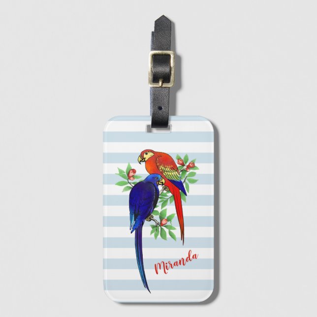 Monogram Parrots Blue Red Flowers Luggage Tag (Front Vertical)