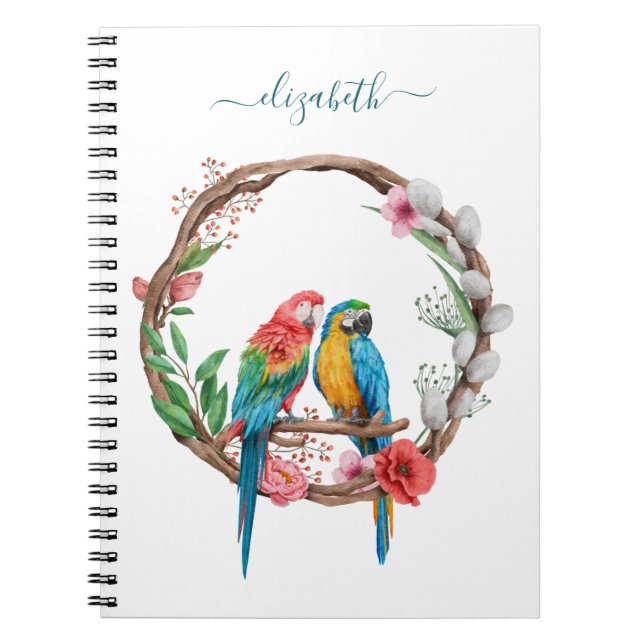 Monogram Parrots Macaw Birds Colorful Floral  Notebook (Front)