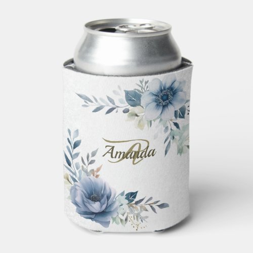 Monogram Party Dusty Blue Watercolor Flower Silver Can Cooler