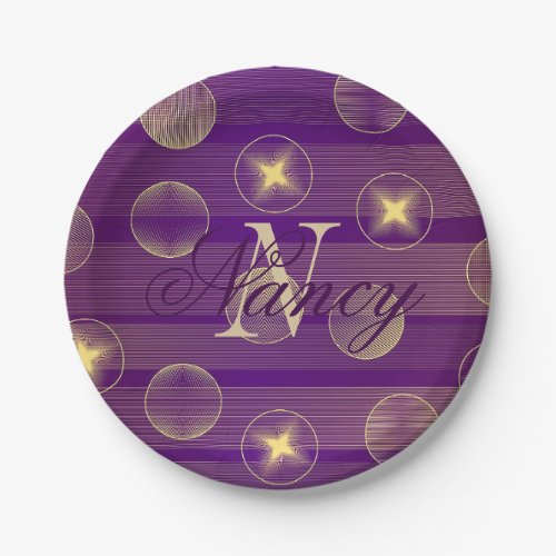 Monogram Party Golden Circles Stars Purple Pattern Paper Plates