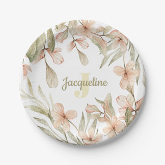 Monogram pastel baby pink sky baby flower design paper plates