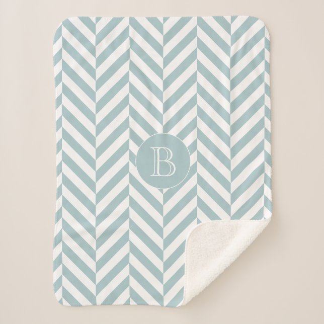 Monogram Pastel Blue Herringbone Pattern Sherpa Blanket (Front)