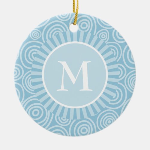 Monogram Pastel Blue Spirals _ Personalized Ceramic Ornament