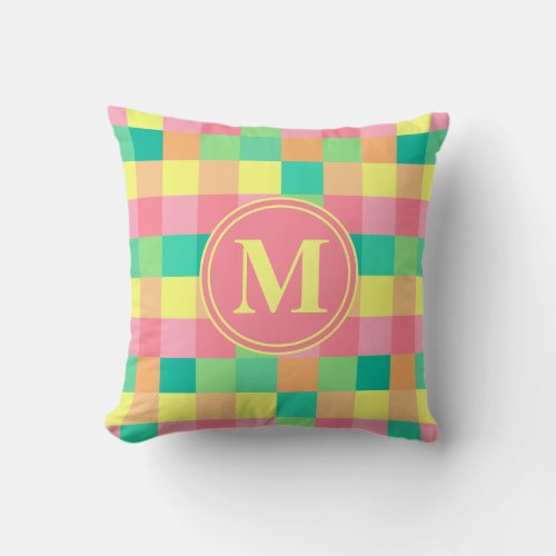 Monogram Pastel Checkered Pink Yellow Green Orange Throw Pillow