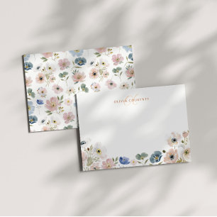 Monogram Pastel Floral Watercolour Wildflowers Note Card