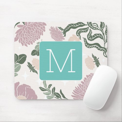 Monogram Pastel floral with Colorful border Blue Mouse Pad
