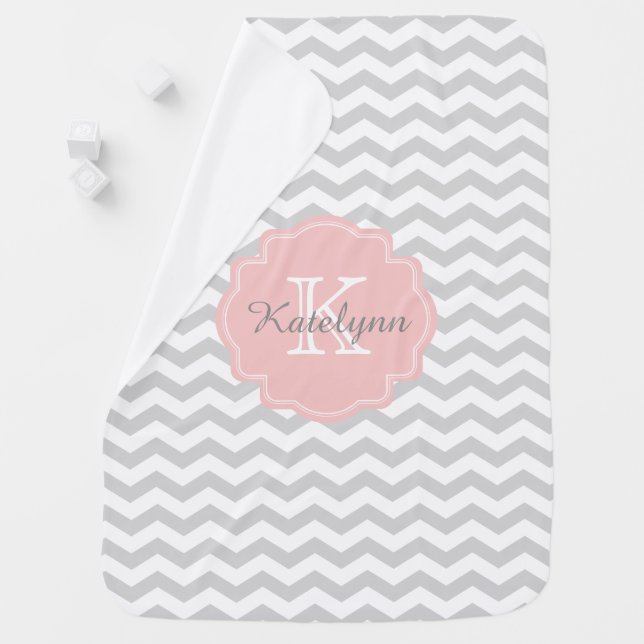 Monogram Pastel Gray Zigzag Custom Baby Blanket (In Situ)