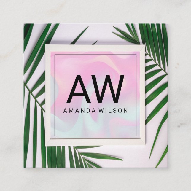 Monogram Pastel Liquid | Palm Leaf Border Square Business Card (Front)