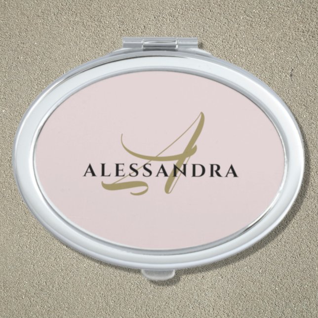 Monogram pastel minimalist blush pink gold black  compact mirror (Creator Uploaded)