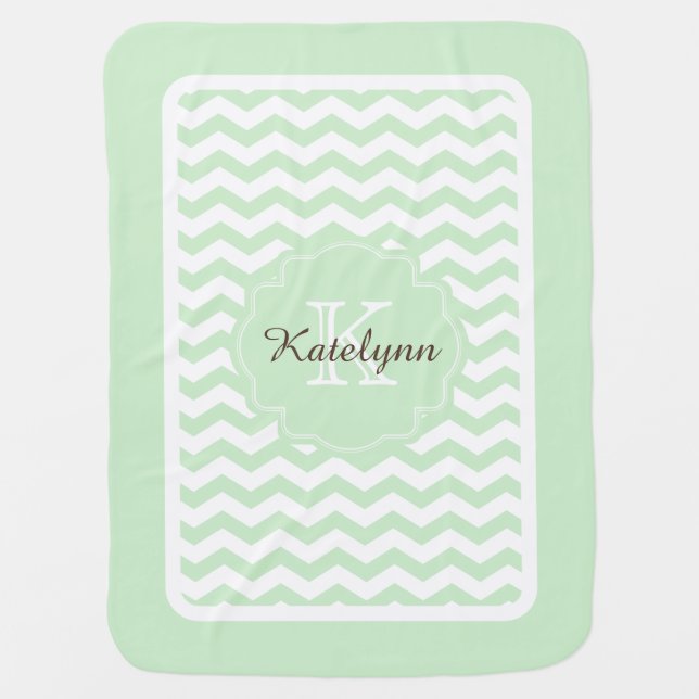 Monogram Pastel Mint Zigzag Custom Baby Blanket (Front)