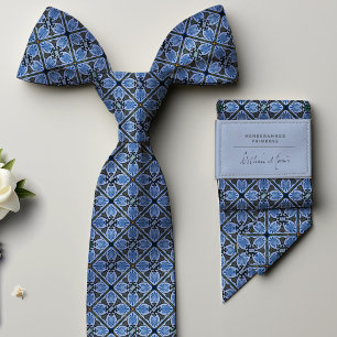 Monogram Pastel Navy Blue Vintage Floral Men's Neck Tie