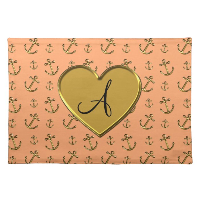 Monogram pastel orange gold anchors heart place mats