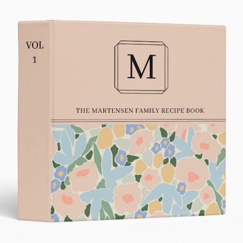 Monogram Pastel Pink Blue Flower Pattern Recipe 3 Ring Binder