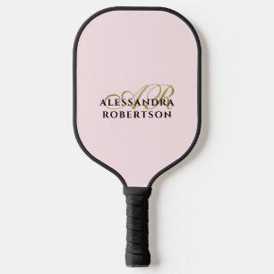 Monogram Pastel Pink Elegant Gold Black Minimalist Pickleball Paddle