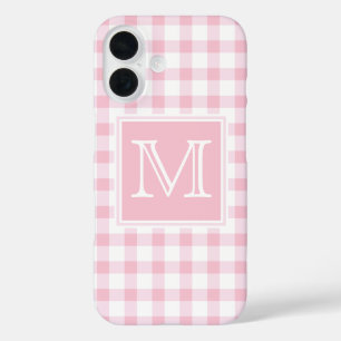 Monogram   Pastel Pink Girly Gingham Plaid Checker iPhone 16 Case