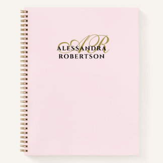 Monogram Pastel Pink Gold Black Minimalist Elegant Notebook