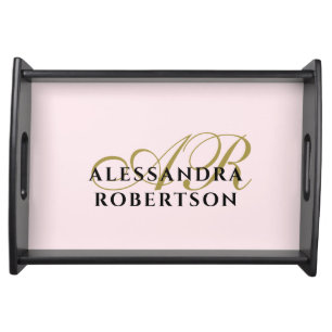 Monogram Pastel Pink Gold Black Minimalist Elegant Serving Tray