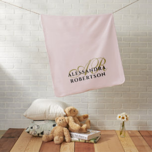 Monogram Pastel Pink Gold Black Minimalist Girl Baby Blanket