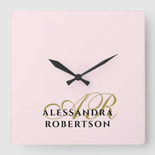 Monogram Pastel Pink Gold Black Minimalist Modern Square Wall Clock