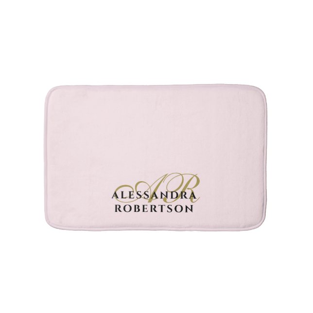 Monogram Pastel Pink Gold Black Minimalist Stylish Bath Mat (Front)
