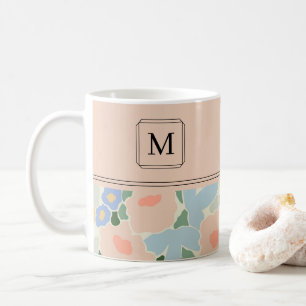 Monogram Pastel Pink Light Blue Flower Pattern Coffee Mug