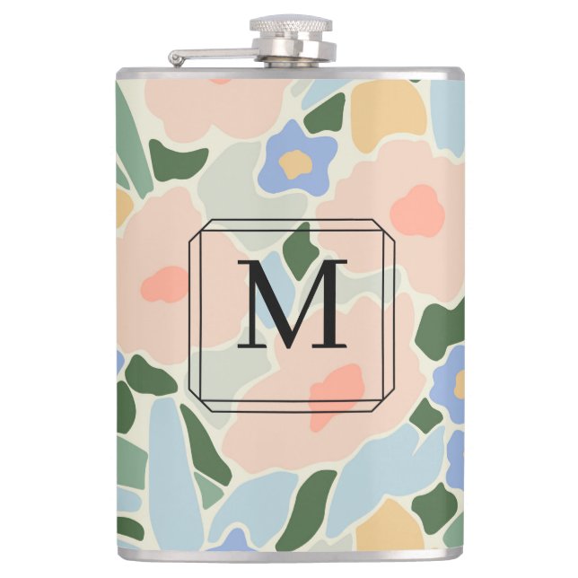 Monogram Pastel Pink Light Blue Flower Pattern Flask (Front)