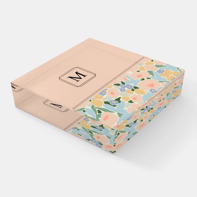 Monogram Pastel Pink Light Blue Flower Pattern Paperweight (Angled)