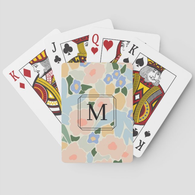 Monogram Pastel Pink Light Blue Flower Pattern Poker Cards (Back)