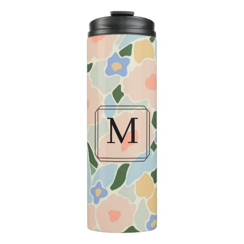 Monogram Pastel Pink Light Blue Flower Pattern Thermal Tumbler