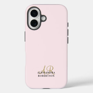 Monogram Pastel Pink Minimalist Gold Black Elegant iPhone 16 Case
