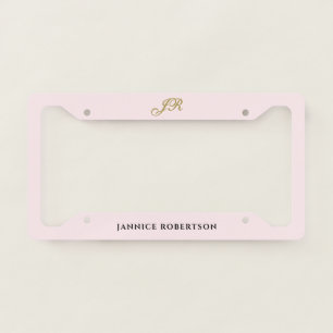 Monogram Pastel Pink Minimalist Gold Black Elegant License Plate Frame