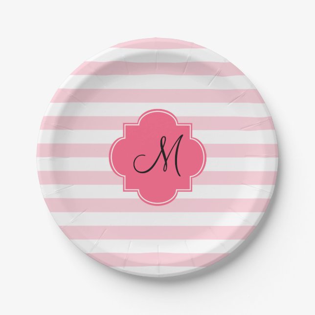 Monogram Pastel Pink Stripes Patten Paper Plates (Front)