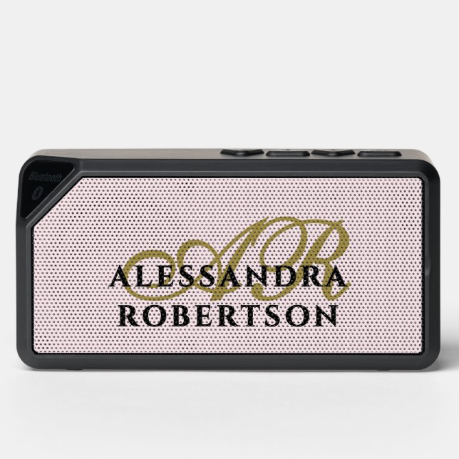 Monogram Pastel Pink Stylish Gold Black Minimalist Bluetooth Speaker (Front)