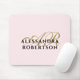 Monogram Pastel Pink Stylish Gold Black Minimalist Mouse Pad