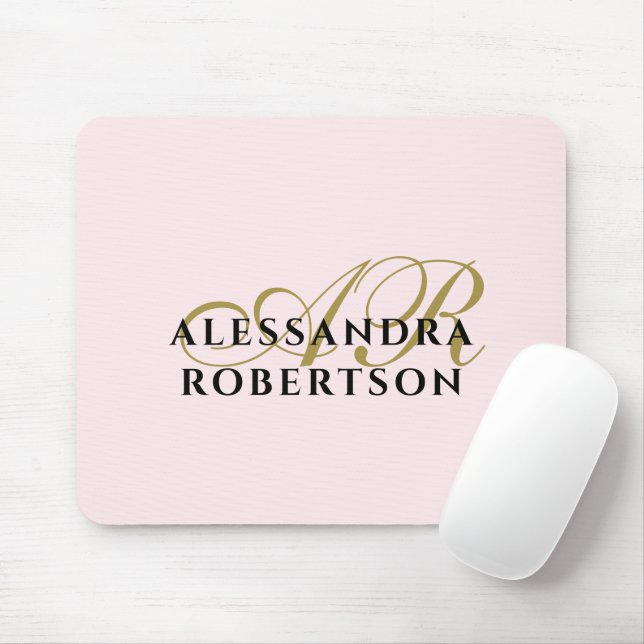 Monogram Pastel Pink Stylish Gold Black Minimalist Mouse Pad (With Mouse)